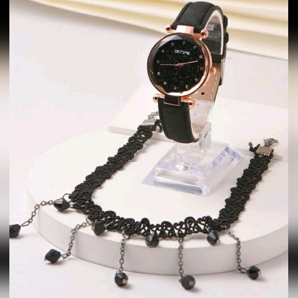 New Starry Sky Dial Round Pointer Quartz Watch and Necklace Set - Picture 2 of 7